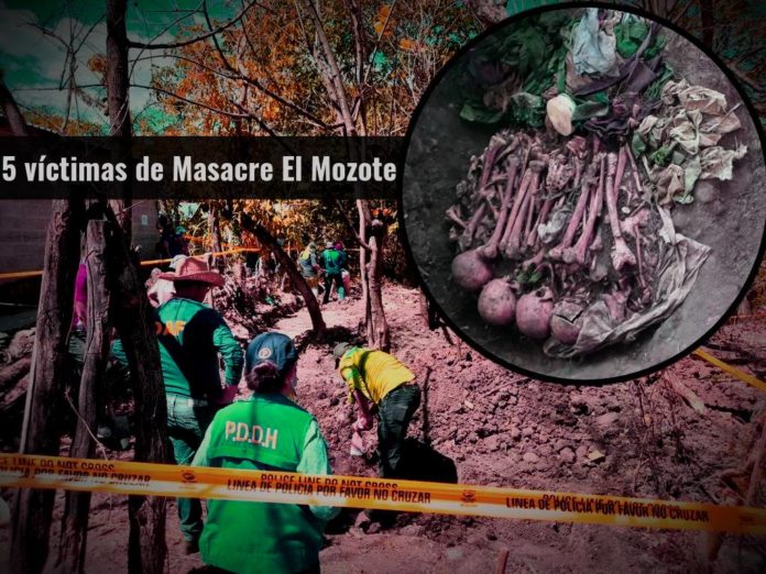 Restos óseos de una mujer y de 4 niños fueron exhumados en el caserío La Joya, del municipio de Meanguera (Morazán). Fueron víctimas de homicidio, tras el despliegue de tropas militares del Batallón de Infantería de Reacción Inmediata Atlatl, de las Fuerzas Armadas.